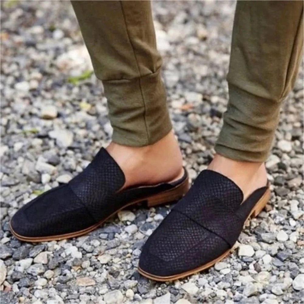 Free People At Ease Black Leather Suede Slip On Open‎ Heel Mules Loafers Size 37